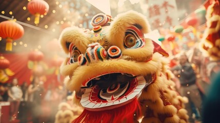 Vibrant lion dance performance during traditional Chinese festival. Cultural celebration.