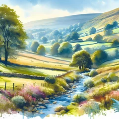 Foto op Aluminium Summer Hillside Countryside Landscape with Clouds on Blue Sky, Green & Golden Field Grass, Trees, & a Babbling Brook Stream Watercolor Illustration. Organic Agriculture Farmland Nature Village Farming © Frank
