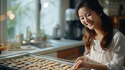 Smiling Asian woman baking cookies in the kitchen - obrazy, fototapety, plakaty
