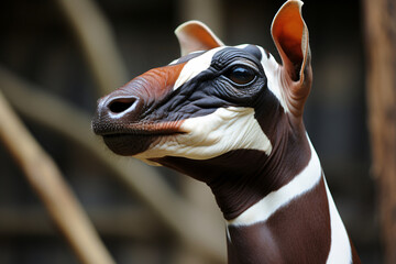 Okapi (Okapia johnstoni), jungle giraffe or zebra giraffe, artiodactyl mammal native to jungles or tropical forests, Congo, Central Africa, beautiful animal with white stripes on blurred green leaf ba