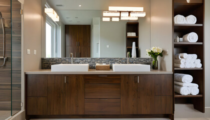 Fototapeta na wymiar Modern bathroom with wood cabinets