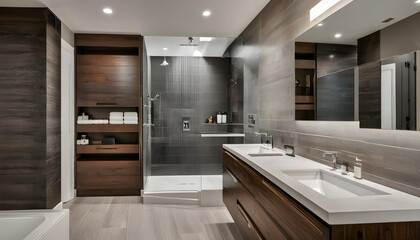 Fototapeta na wymiar Modern bathroom with wood cabinets