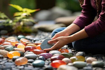 A close-up of hands arranging colorful stones in a Zen garden, illustrating the meditative practice of creating order and finding inner calm. Concept of Zen mindfulness. Generative Ai.