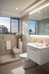Fototapeta na wymiar Bright and Airy Coastal Bathroom With Large Windows