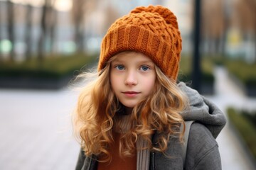 Portrait of a beautiful young girl in a knitted hat.