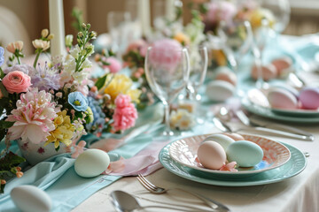 Beautifully decorated Easter dinner table with colorful flowers, pastel crockery and dyed eggs. Indoor Easter celebration party for small number of guests.