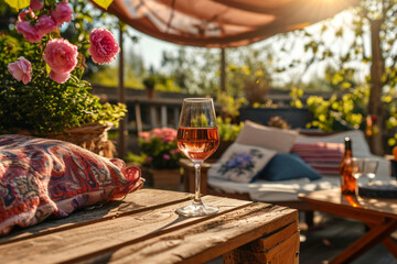 Glass of pink wine on a table on cozy wooden terrace with rustic wooden furniture, soft colorful pillows and blankets, and flower pots. Charming sunny evening in summer garden. - Powered by Adobe
