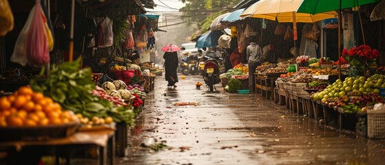 Fototapeta na wymiar Street market in Vietnam during a rainy day