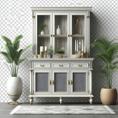 New Stylish Versatile Modern Wooden Accent Cabinet with Green Plants and Knickknacks for Stylish Living Spaces isolated on a transparent background. Scandinavian Bohemian Style Architectural Interior.