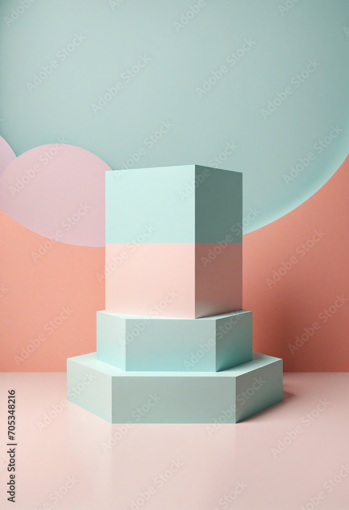 Wall mural minimalistic abstract design with pastel colors and geometric shapes on podium. template for product - Wall murals