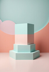 Minimalistic Abstract Design with Pastel Colors and Geometric Shapes on Podium. Template for...
