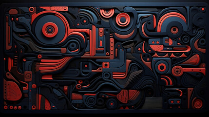 The artwork is depicting various different colored shapes, in the style of dark navy and red, aggressive digital illustration, sculptural reliefs, gond art, bold, black lines