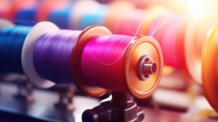 Closeup of colorful thread being spun on a spinning wheel for traditional textiles. - obrazy, fototapety, plakaty