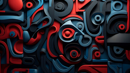 The artwork is depicting various different colored shapes, in the style of dark navy and red, aggressive digital illustration, sculptural reliefs, gond art, bold, black lines