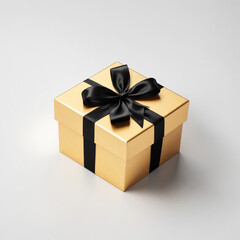 Luxurious gold gift box tied with a sleek black ribbon.