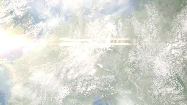 Earth zoom in from space and focus on Auerbach, Germany. 3D Animation. Satellite view. Background for travel intro. Images from NASA.