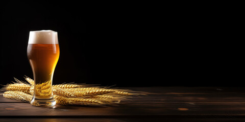 Glass of light wheat beer and wheat ears on wooden table on black background with copy space