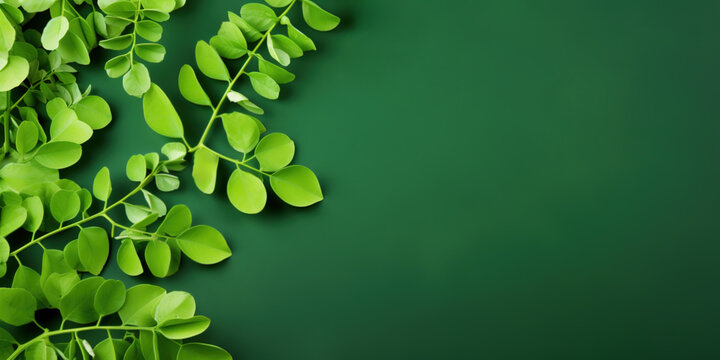 Fresh moringa leaves on green background. Top view with copy space