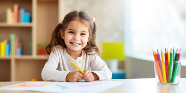 Happy little girl sitting at a table and drawing with colored pencils. Children's creativity and development concept.