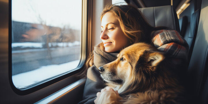 Young woman is traveling by train with her dog. Travel with pets concept