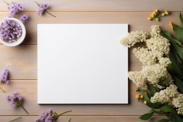 Flat lay background with a sheet of paper and flowers on a wooden background