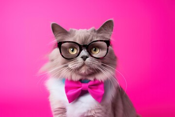 Cute cat in pink bow tie and glasses on pink background