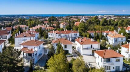 Fototapeta na wymiar Modern white houses with red tile roofs in a Mediterranean setting