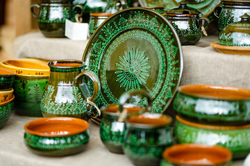 Ceramic dishes, tableware and jugs sold on Easter market in Vilnius. Lithuanian capital's annual...