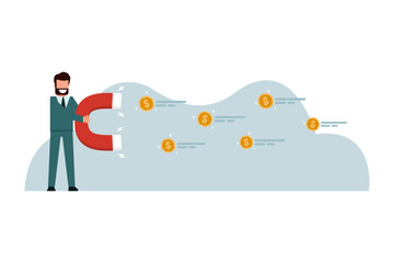 Businessman uses a large magnet to attract money. Passive income concept. Money that comes from doing business. Vector illustration flat design style