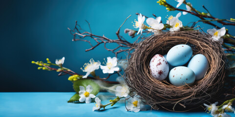 Birds nest with easter eggs and flowers, blue background, copy space