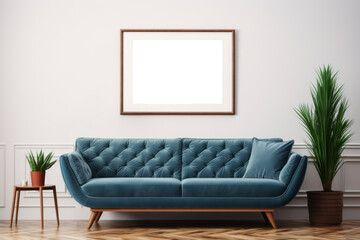 Poster mockup in modern mid-century living room interior with sofa. Frame mock up