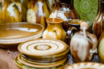 Ceramic dishes, tableware and jugs sold on Easter market in Vilnius. Lithuanian capital's annual...