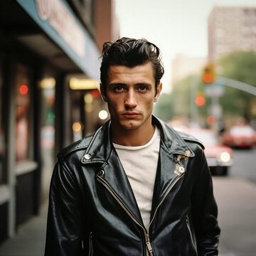 AI-Generated Portrait of a 1950s-60s Rocker Greaser in a Black Jacket