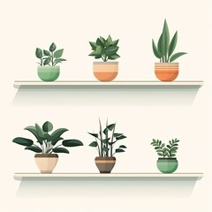 Various types of houseplants on shelves