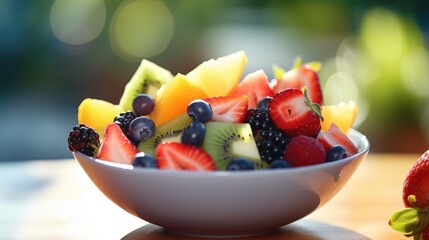 Closeup of a bowl of colorful fresh fruit, representing the nourishment and healthy eating options available at the retreat.
