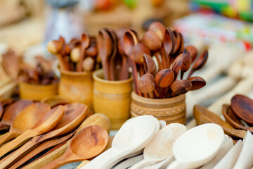 Wooden kitchenware and decorations sold on Easter market in Vilnius.