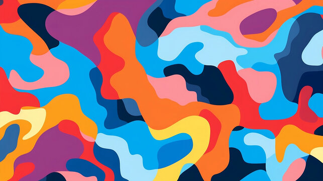 A colorful abstract design in an abstract pattern, in the style of bold outlines, flat colors, nature-inspired camouflage, abstract minimalism appreciator