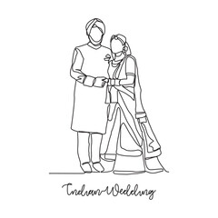 
One continuous line drawing of Indian wedding ceremony vector illustration. Indian bride complete with wedding costume design illustration simple linear style vector concept. Indian design vector.