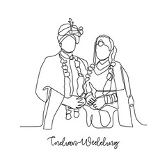 
One continuous line drawing of Indian wedding ceremony vector illustration. Indian bride complete with wedding costume design illustration simple linear style vector concept. Indian design vector.