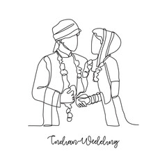 
One continuous line drawing of Indian wedding ceremony vector illustration. Indian bride complete with wedding costume design illustration simple linear style vector concept. Indian design vector.