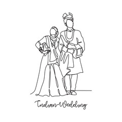 Fototapeta na wymiar One continuous line drawing of Indian wedding ceremony vector illustration. Indian bride complete with wedding costume design illustration simple linear style vector concept. Indian design vector.