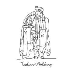 
One continuous line drawing of Indian wedding ceremony vector illustration. Indian bride complete with wedding costume design illustration simple linear style vector concept. Indian design vector.