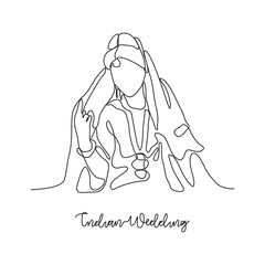 
One continuous line drawing of Indian wedding ceremony vector illustration. Indian bride complete with wedding costume design illustration simple linear style vector concept. Indian design vector.