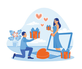 Young couples celebrate Valentine online. They show each other gifts during a video call on a laptop screen. Virtual Relationships concept. Flat vector illustration.
