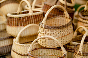 Wicker baskets of various sizes sold on Easter market in Vilnius. Annual spring fair on the streets of capital of Lithuania.