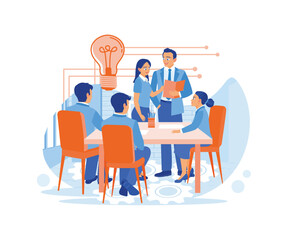 The boss has a meeting with colleagues in the office. Discuss new business ideas and find solutions for new projects. Discuss Information concept. trend flat vector modern illustration