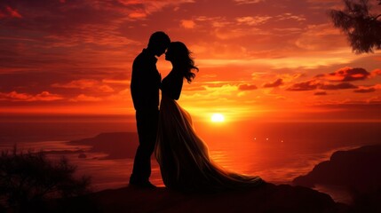 Romantic couple silhouette at sunset with ocean view. Love and relationships.