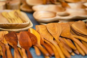 Wooden kitchenware and decorations sold on Easter market in Vilnius.