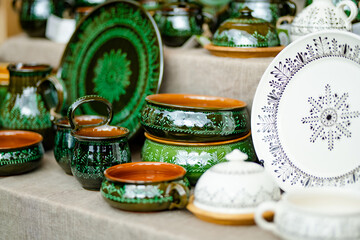 Ceramic dishes, tableware and jugs sold on Easter market in Vilnius. Lithuanian capital's annual...