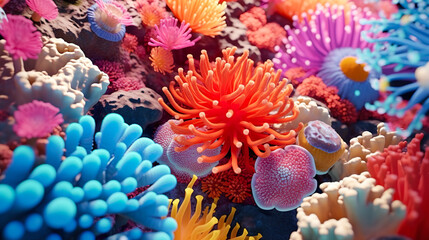 Fototapeta na wymiar カラフルなサンゴ礁とイソギンチャクのイメージ背景